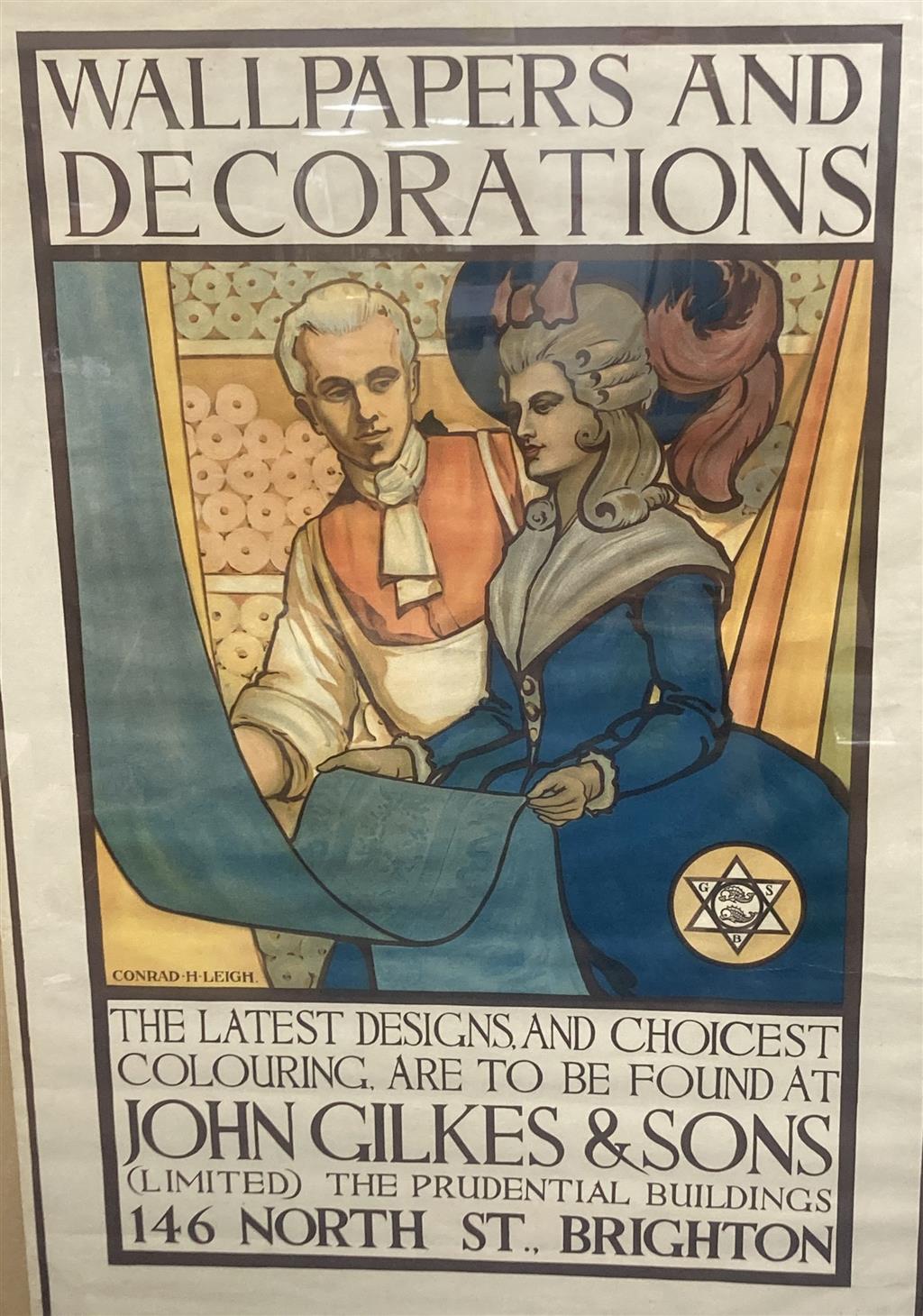 Conrad H. Leigh, original colour lithograph poster, Wallpapers and Decorations, John Gilkes & Sons, Brighton, printed by J.J. Keliher &